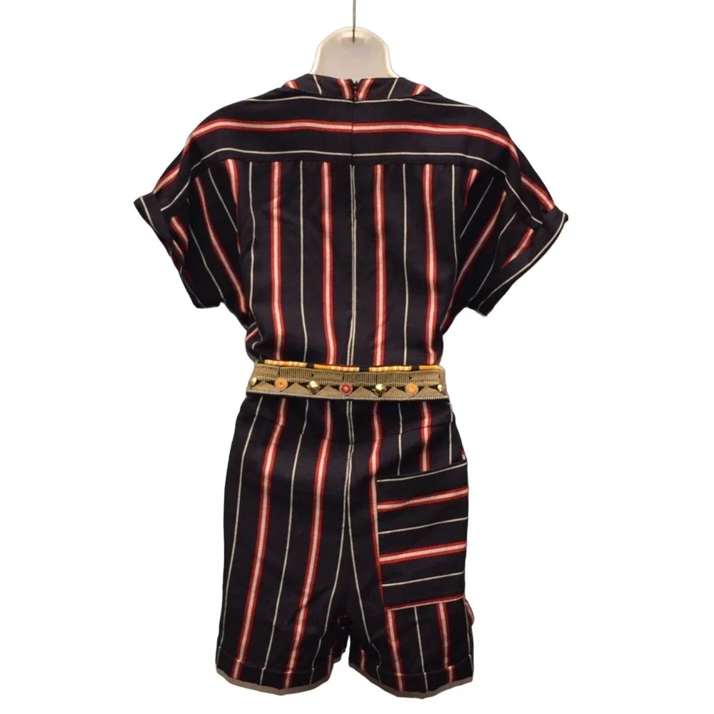 B2 NEW FRENCH CONNECTION Hasan Cotton Navy Striped Studded Belt Romper Sz 2 $148 - Picture 3 of 5